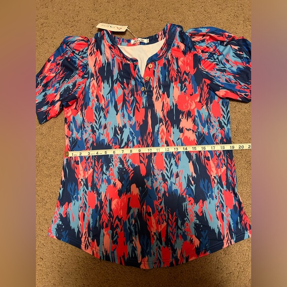Liofoer New Women’s Top T-shirt 3 Button Front shorts Puff Sleeves L Blue Red - Picture 5 of 9